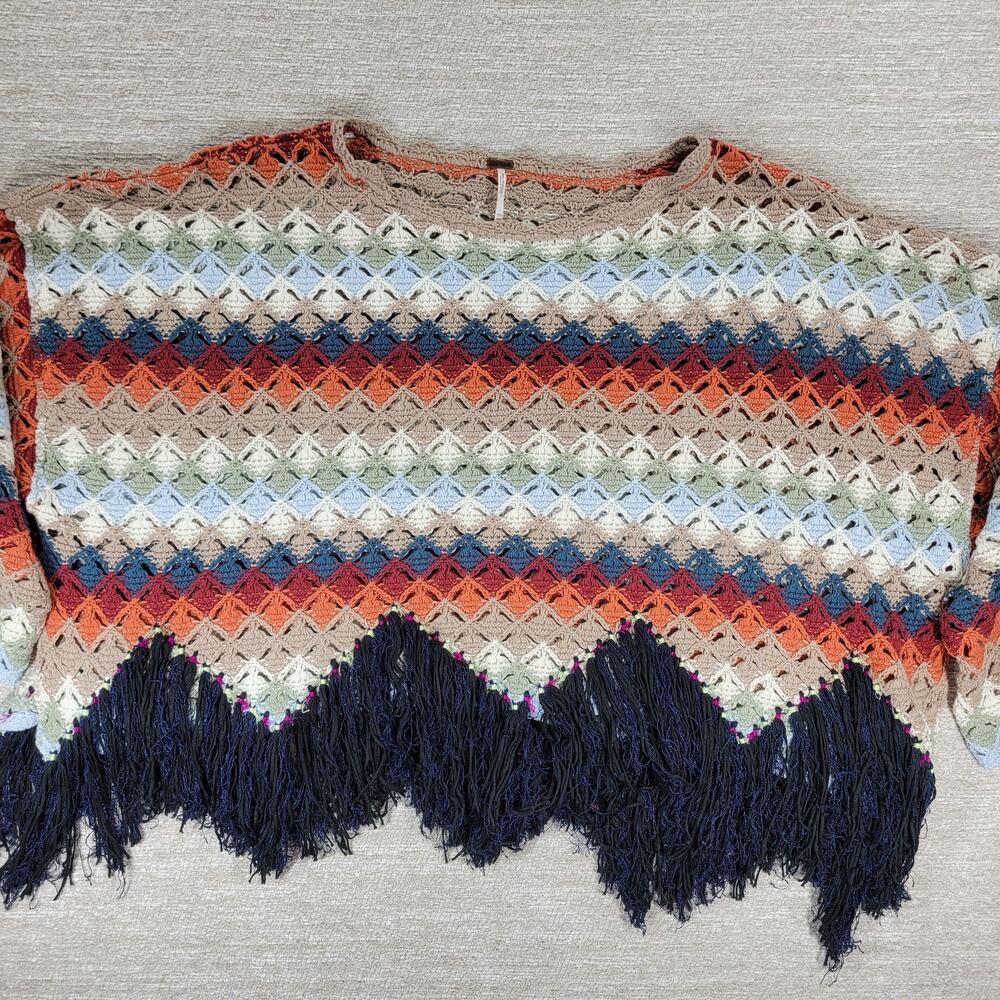 Free People XS Crochet Fringe Sweater Multicolor Boho Chevron Knit Oversized - Picture 2 of 16